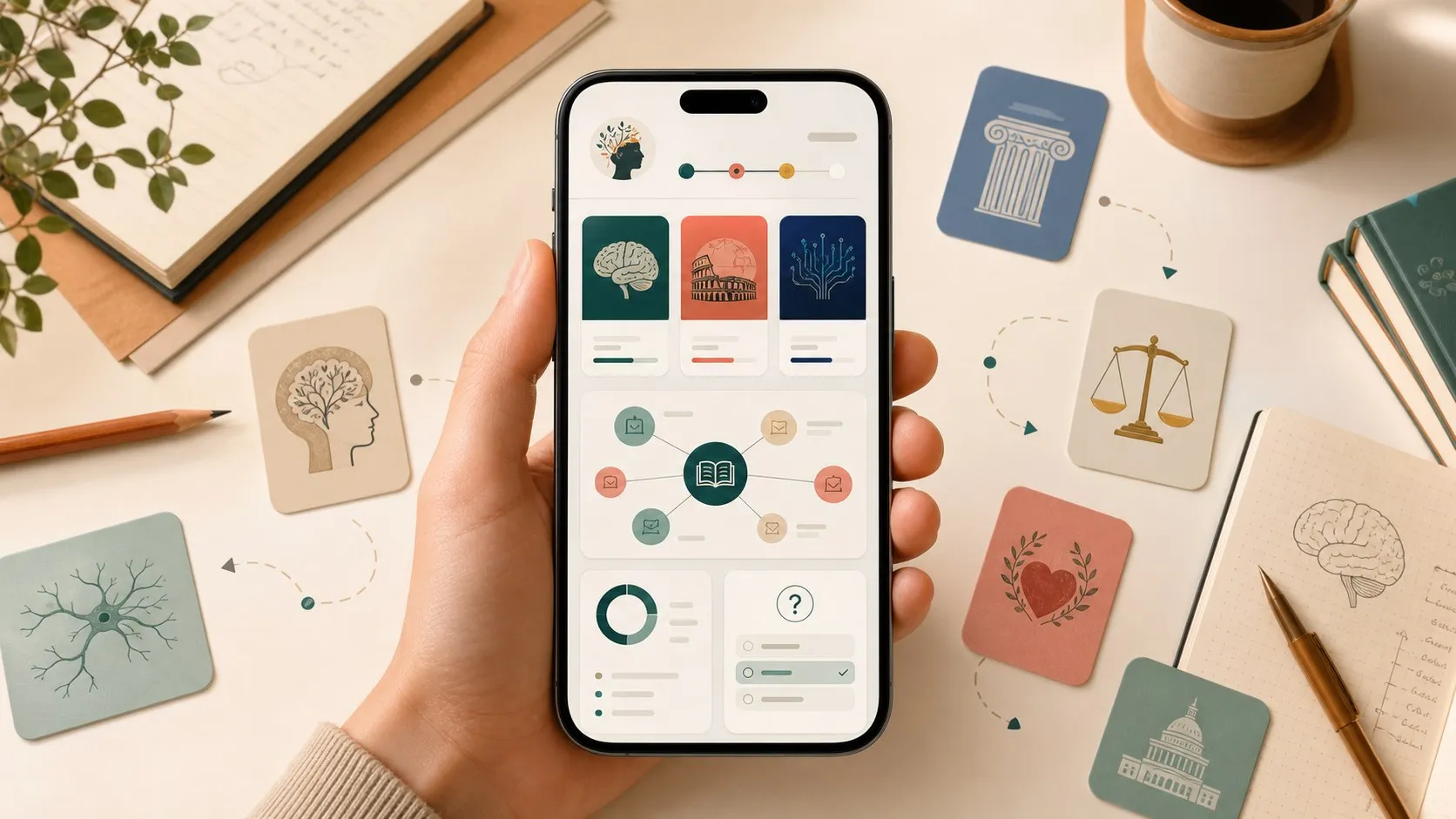 Smartphone showing a personalized AI learning app surrounded by topic cards for psychology, technology, history, philosophy, biology, health, and politics