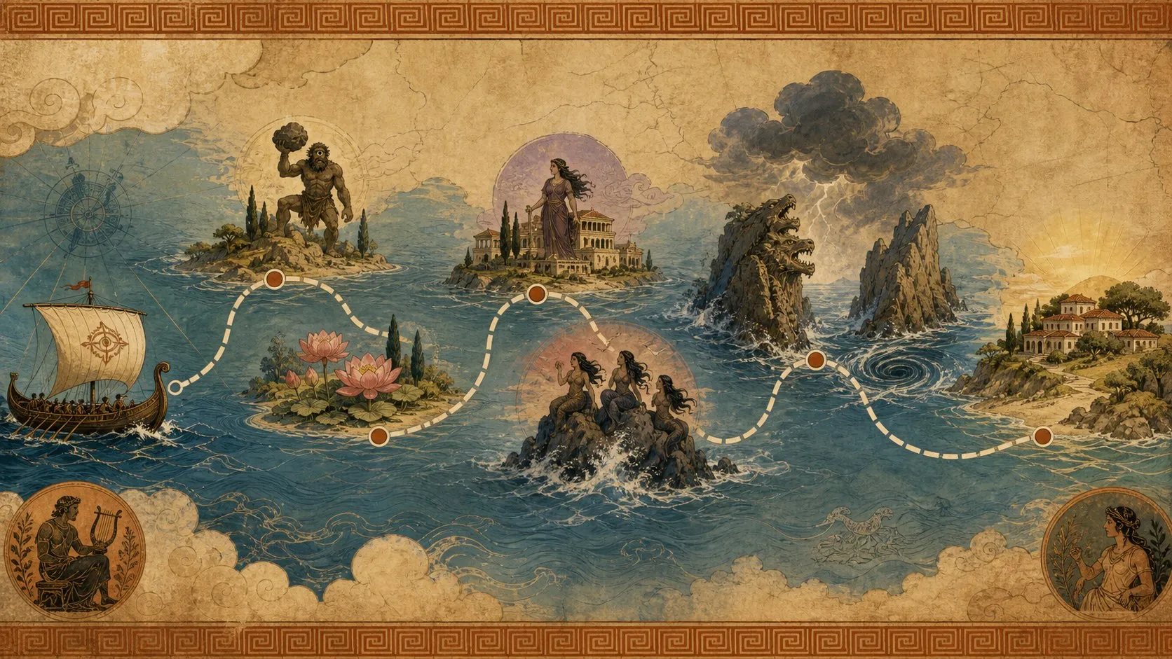 Illustrated map of Odysseus’ voyage past the Cyclops, Circe’s island, the Sirens, and Scylla and Charybdis toward Ithaca