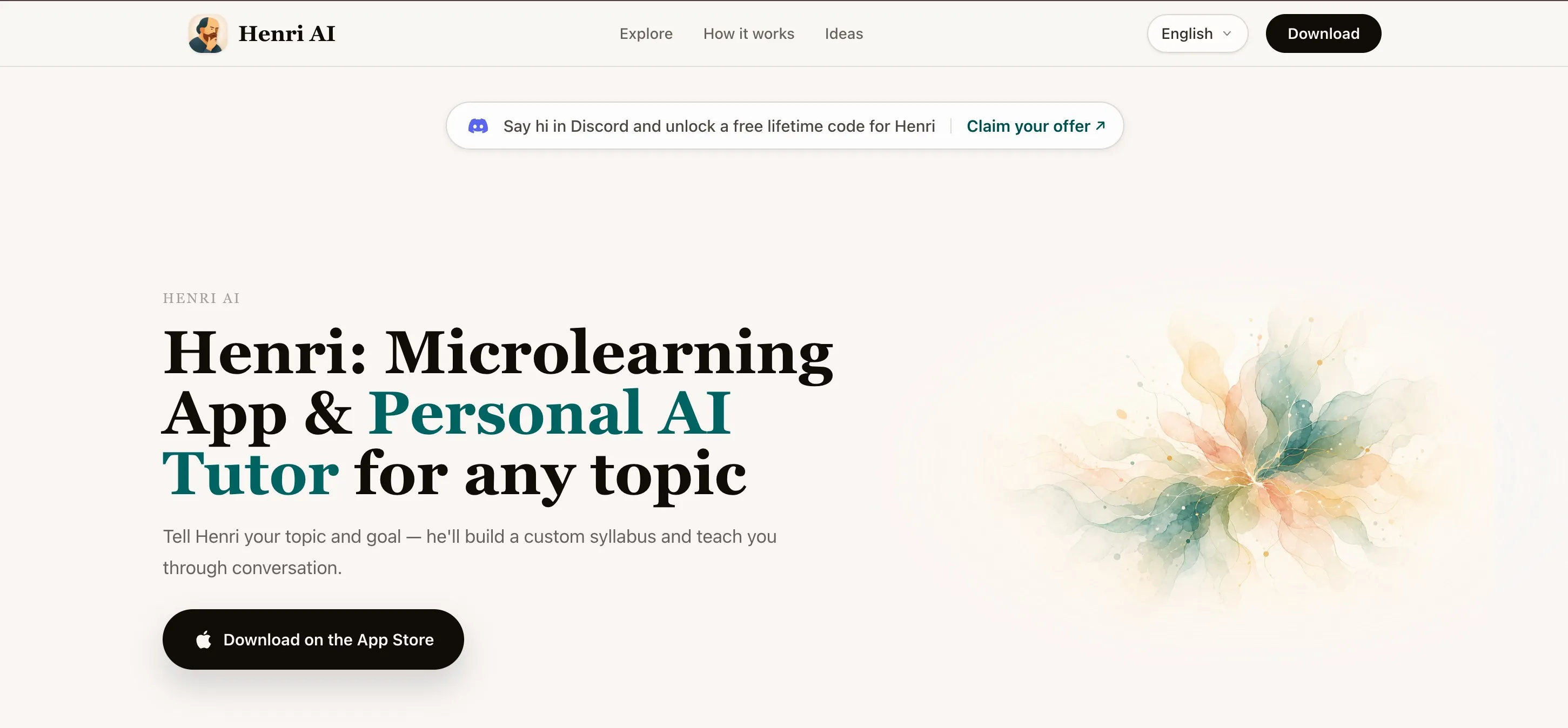 Henri AI homepage presenting a microlearning app and personal AI tutor for any topic