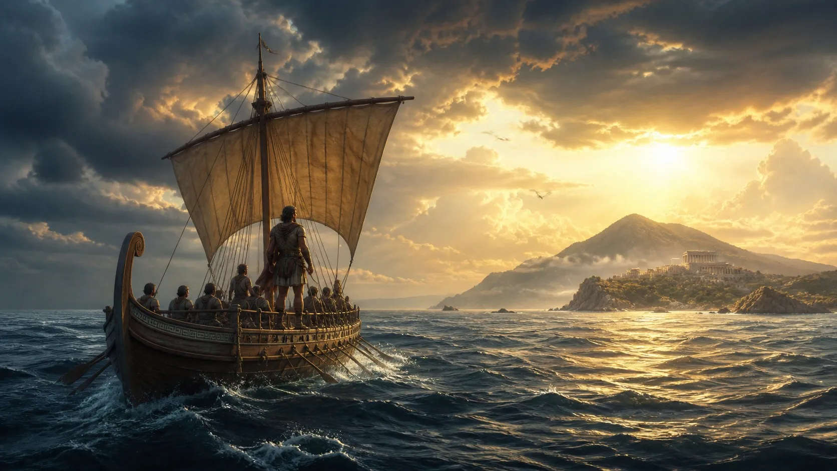 Odysseus standing at the prow of his ship as the crew rows toward a sunlit island