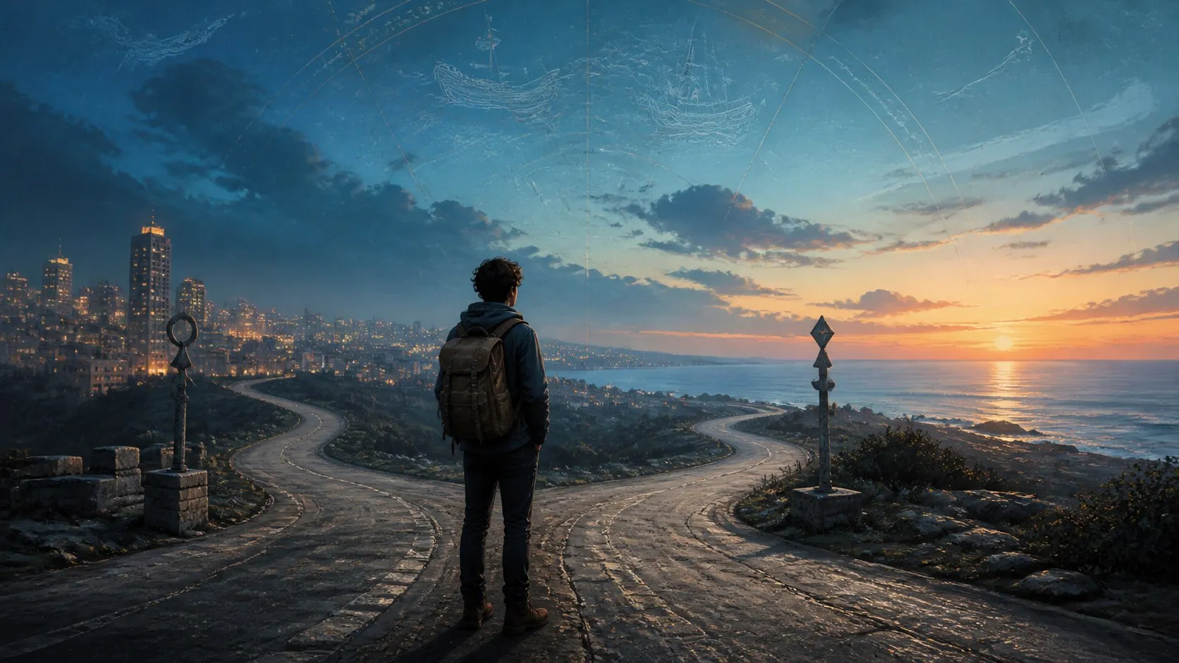 A young traveler with a backpack pausing at a fork in the road between a city skyline and the open sea