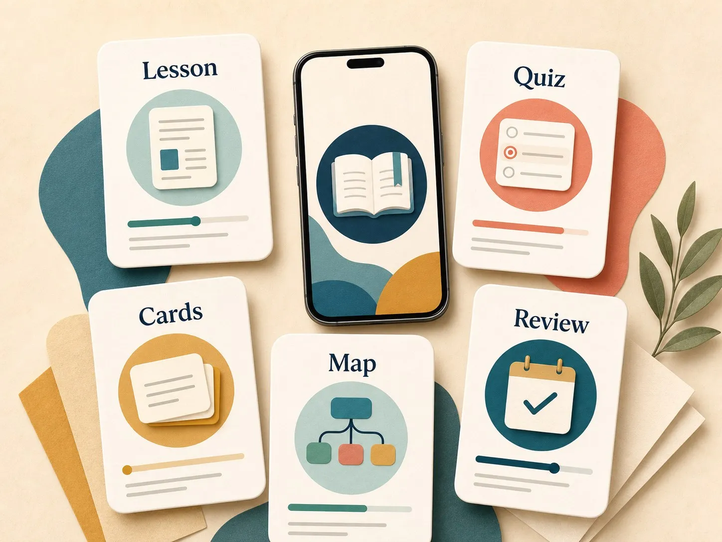 Henri learning formats including short lessons, quizzes, flashcards, concept maps, and review sessions