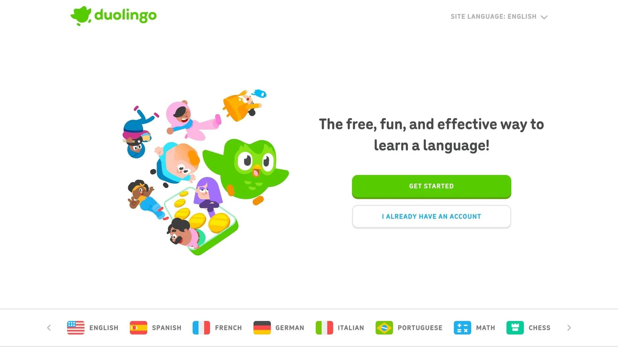 Duolingo homepage offering free language courses with a language picker