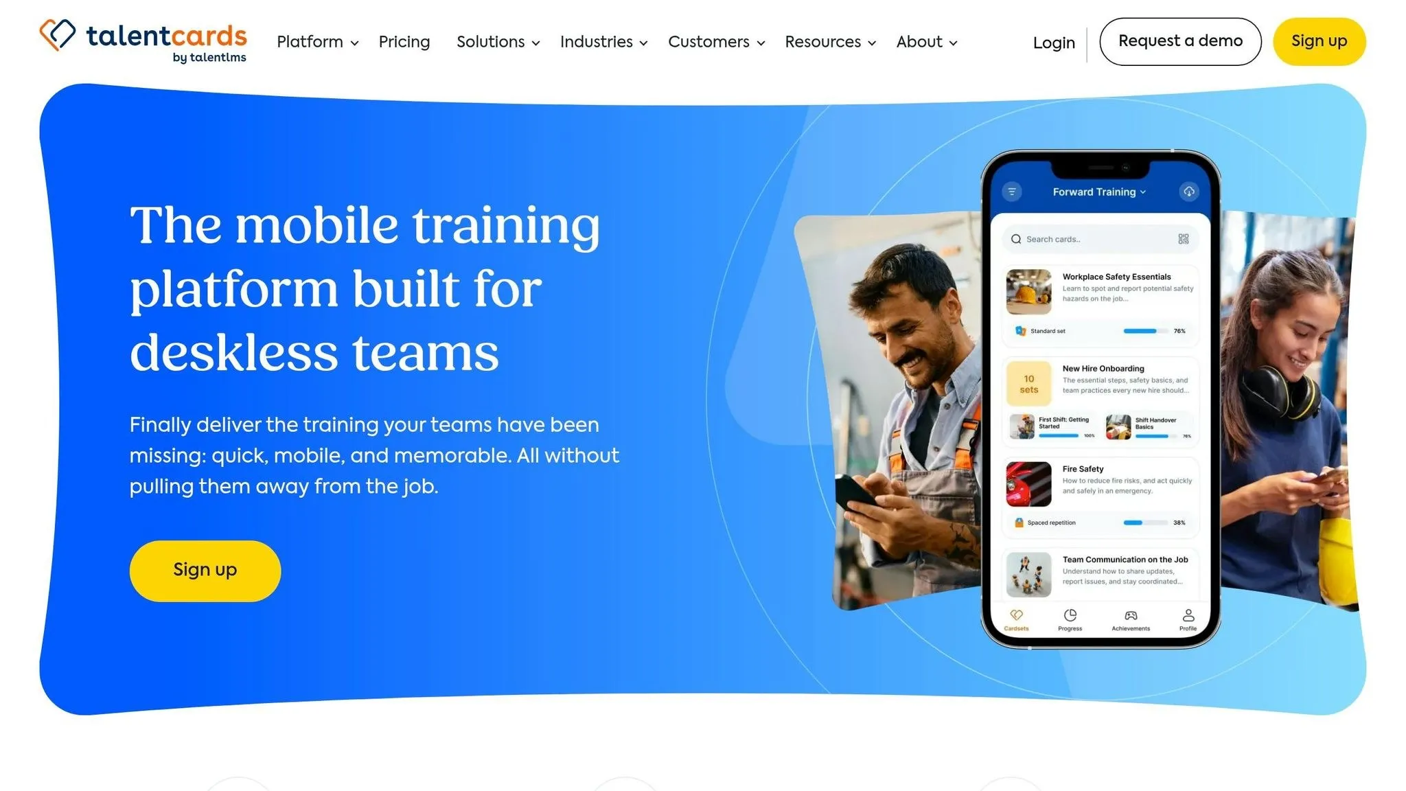 TalentCards homepage showing a mobile training platform built for deskless teams