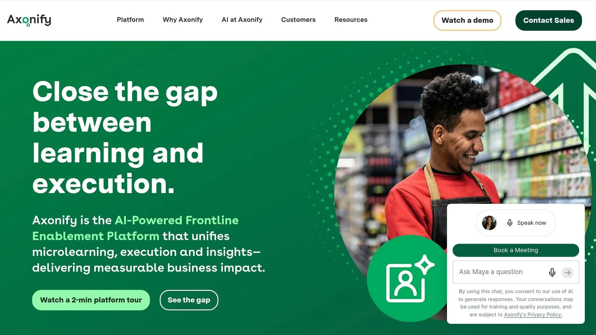 Axonify homepage describing an AI-powered frontline platform that unifies microlearning and execution