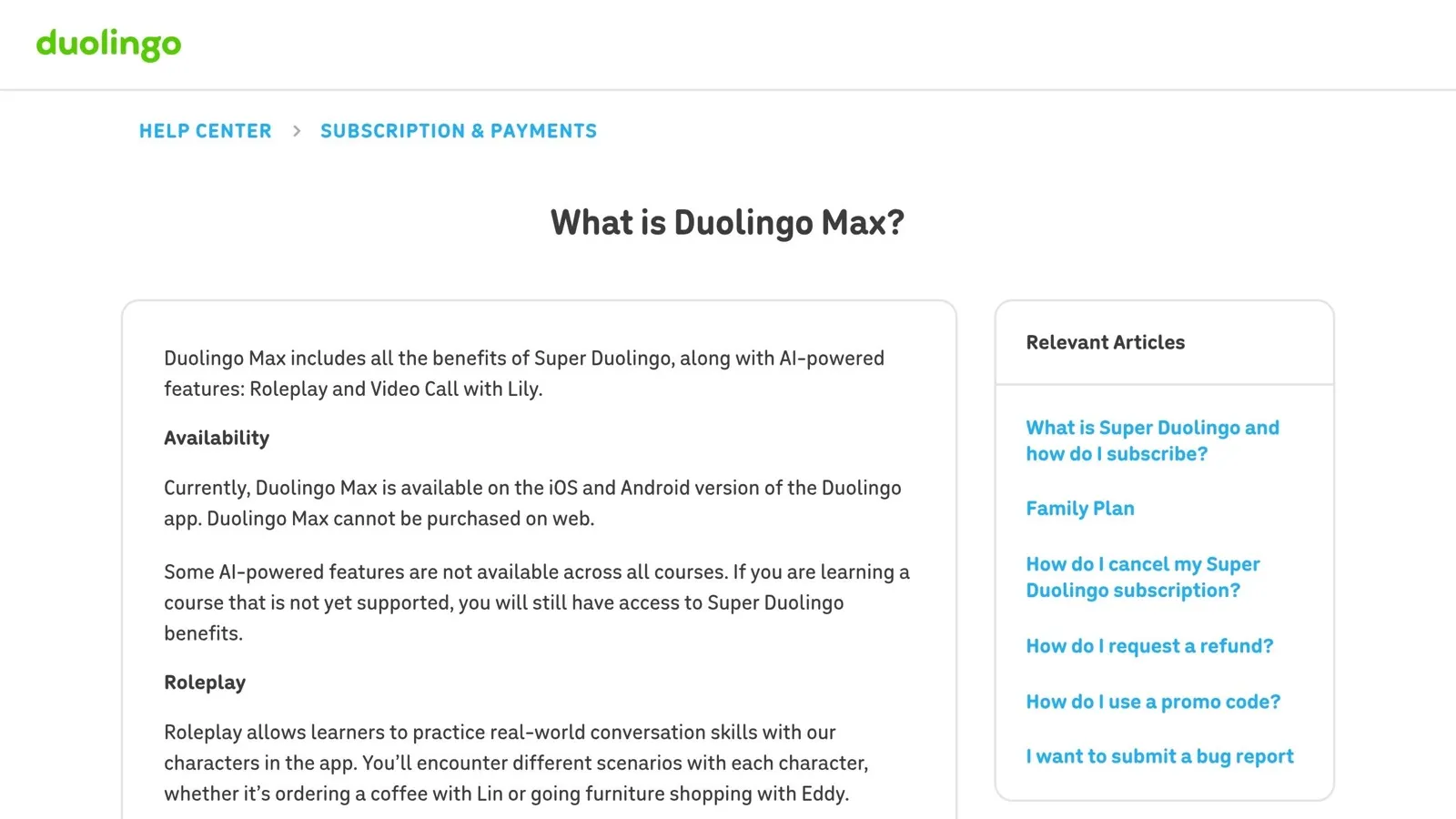 Duolingo Max website screenshot