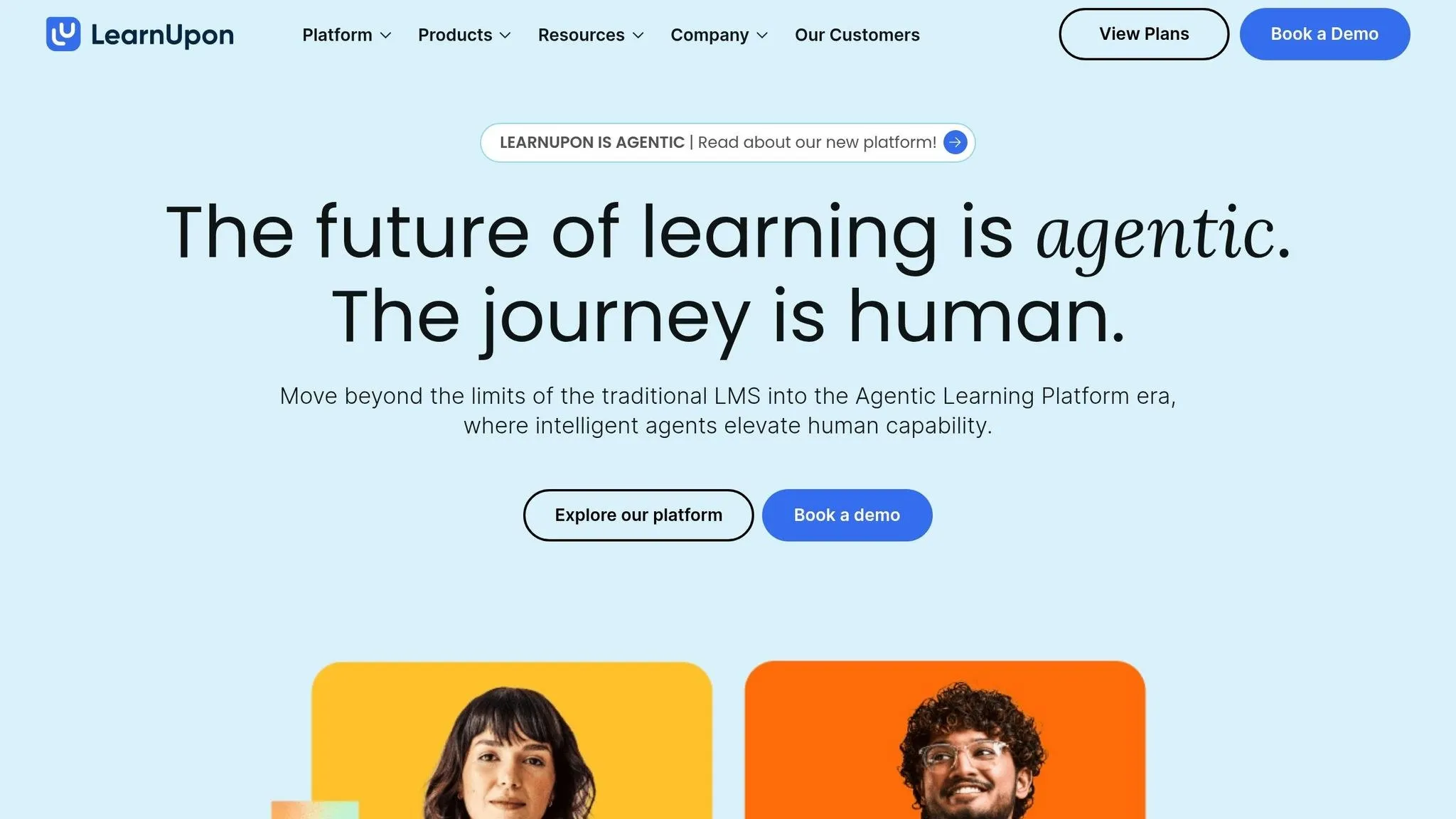 LearnUpon homepage promoting an agentic learning platform beyond a traditional LMS