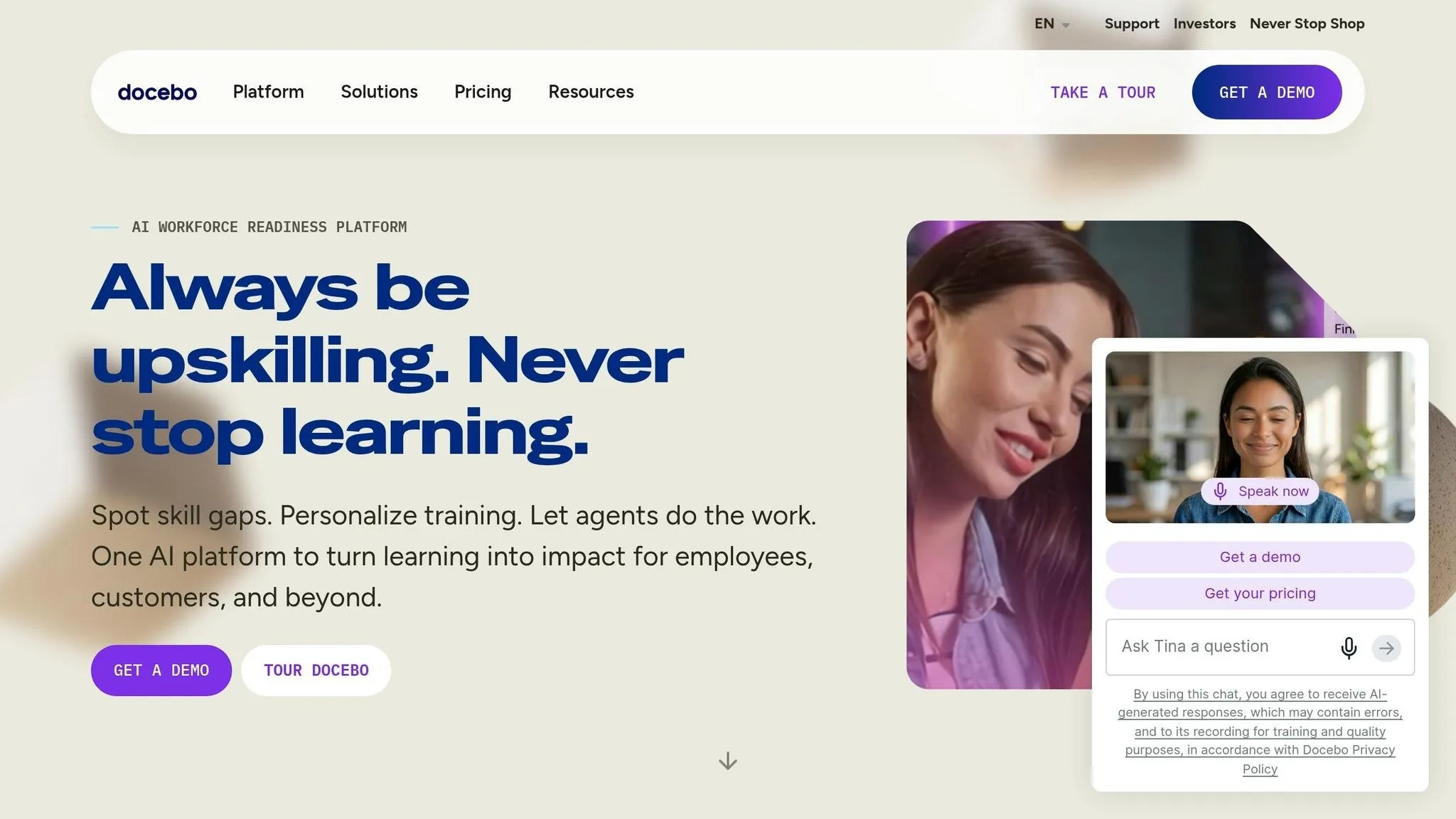 Docebo homepage promoting an AI workforce readiness platform for upskilling