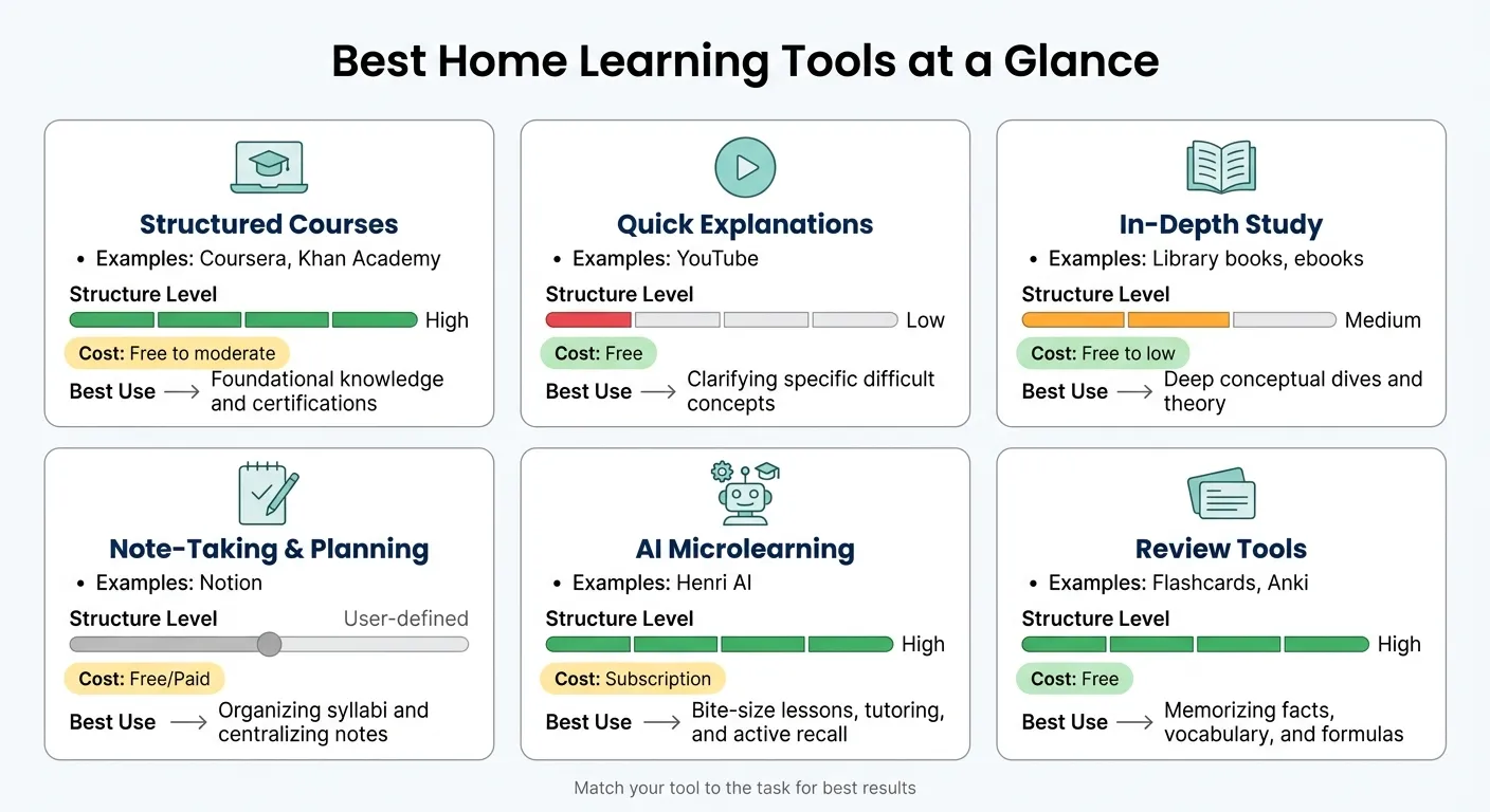 A comparison of structured courses, quick explanations, books, planning tools, AI microlearning, and review tools