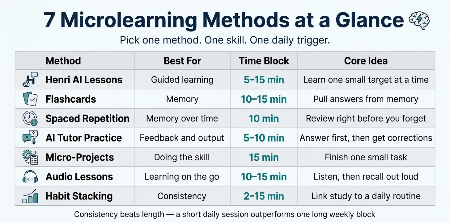 Seven microlearning methods compared by best use, time block, and core idea