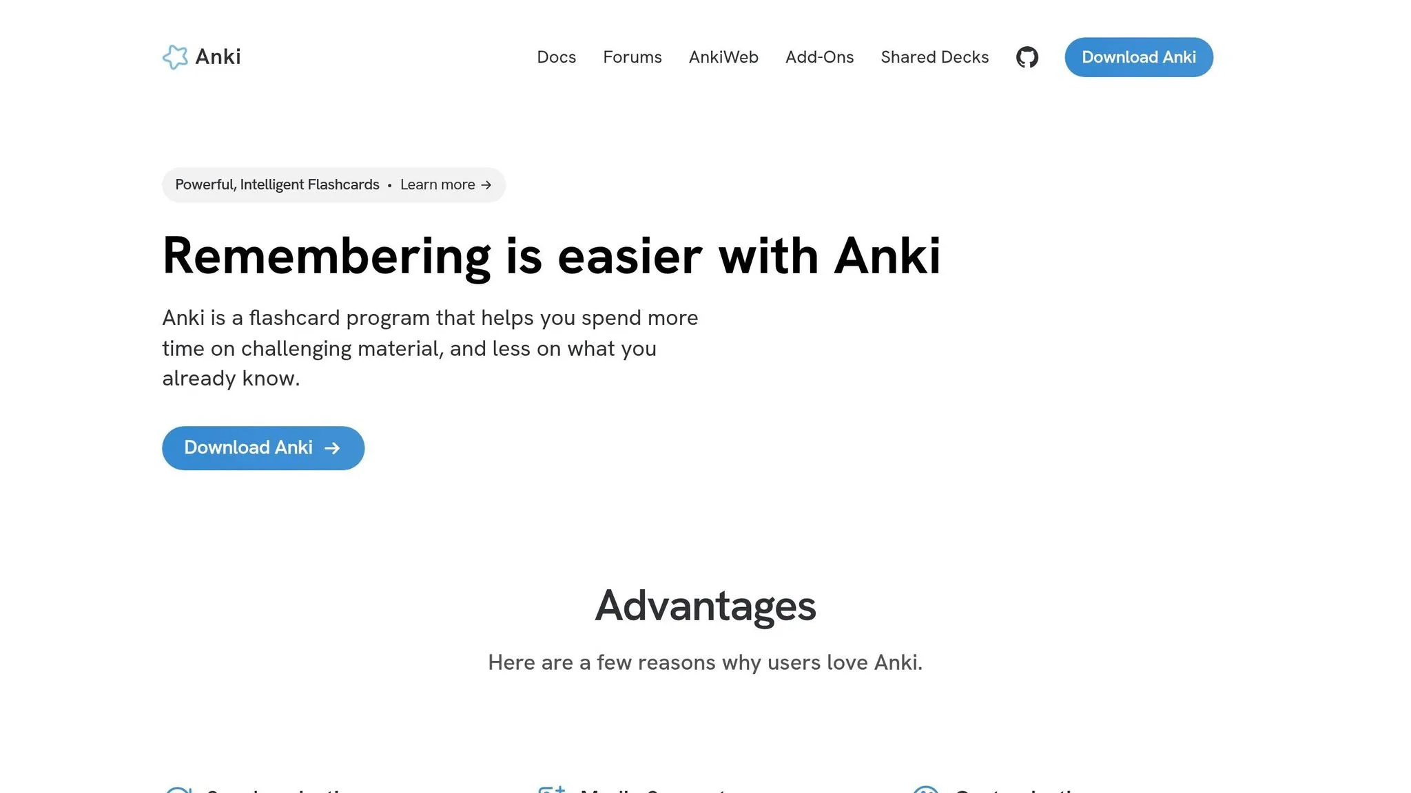 Anki website explaining its intelligent flashcard system